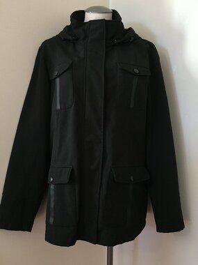 [Novelti] Black Fleece Lined High Collar Hooded Raincoat | L | Good